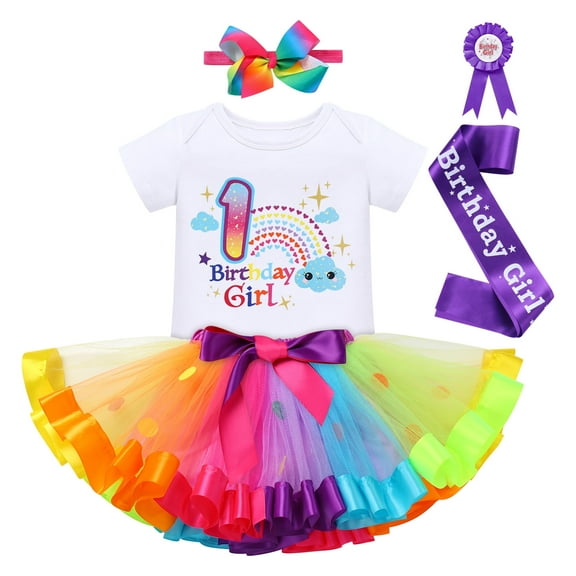 IBTOM CASTLE Toddler Baby Girl Unicorn 1st 2nd 3rd Birthday Outfit Romper + Rainbow Tutu Skirt + Headband + Sash + Badge 5PCS Princess Dress up Clothes Set for Cake Smash Photo Shoot