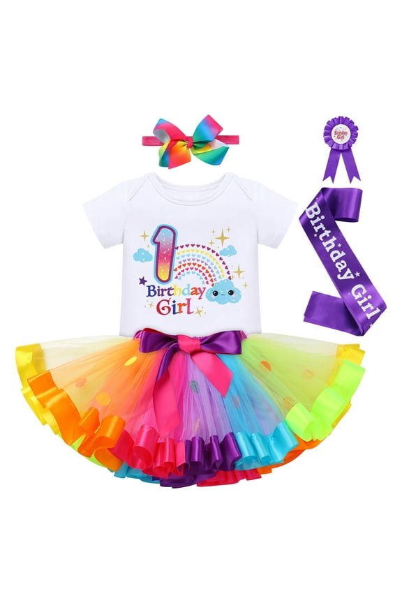 Toddler Baby Girl Unicorn 1st 2nd 3rd Birthday Outfit Romper + Rainbow Tutu Skirt + Headband + Sash + Badge 5PCS Princess Dress up Clothes Set for Cake Smash Photo Shoot