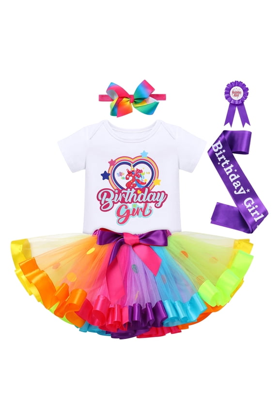 Toddler Baby Girl Unicorn 1st 2nd 3rd Birthday Outfit Romper + Rainbow Tutu Skirt + Headband + Sash + Badge 5PCS Princess Dress up Clothes Set for Cake Smash Photo Shoot