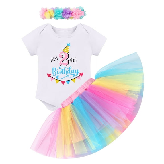 IBTOM CASTLE Toddler Baby Girls 1st/2nd/3rd Birthday Outfit Bunting Fancy Princess Romper+Rainbow Tutu Skirt+Headband 3PCS Clothes Set 2 Years Rainbow
