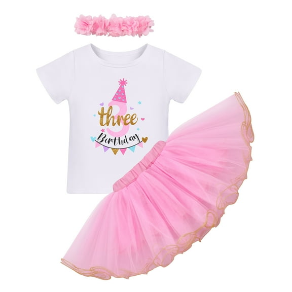 IBTOM CASTLE Toddler Baby Girls 1st/2nd/3rd Birthday Outfit Bunting Fancy Princess Romper Rainbow Tutu Skirt Headband 3PCS Clothes Set 3 Years Pink - Birthday