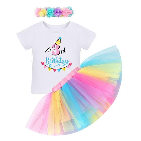 IBTOM CASTLE Toddler Baby Girls 1st/2nd/3rd Birthday Outfit Bunting Fancy Princess Romper+Rainbow Tutu Skirt+Headband 3PCS Clothes Set 3 Years Rainbow