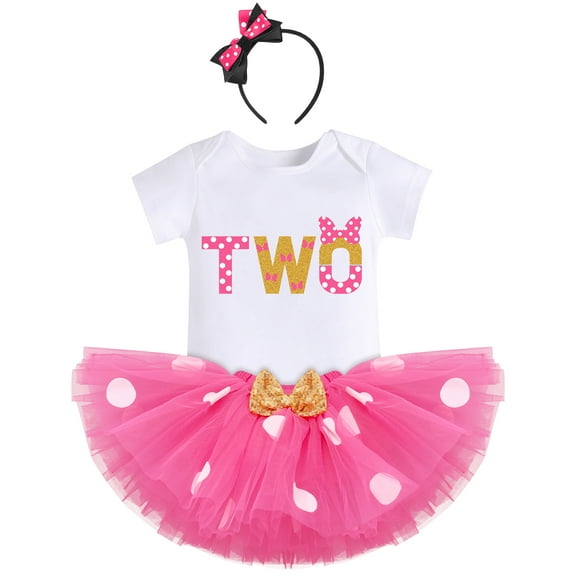 IBTOM CASTLE Toddler Baby Girls 1st 2nd 3rd Birthday Outfit Polka Dots Romper Tutu Skirt Mouse Ears Headband Cake Smash Clothes for Photo Props 2 Years Hot Pink