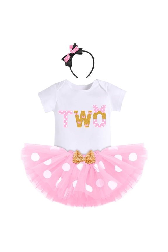 Toddler Baby Girls 1st 2nd 3rd Birthday Outfit Polka Dots Romper Tutu Skirt Mouse Ears Headband Cake Smash Clothes for Photo Props 2 Years Pink