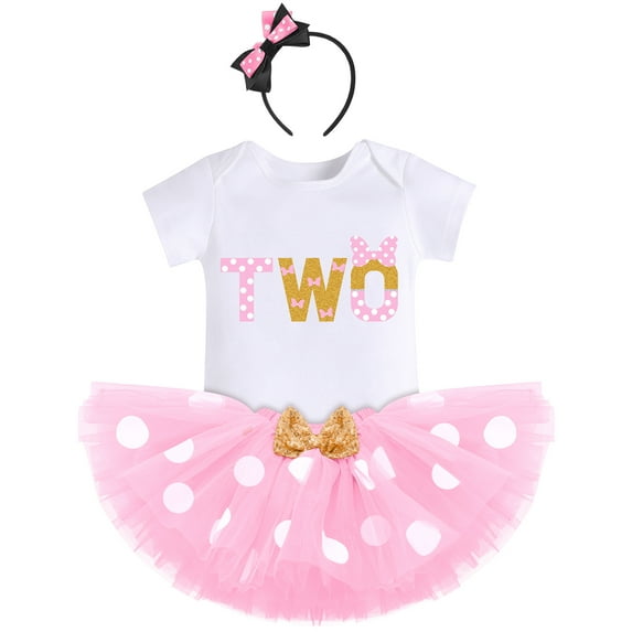 IBTOM CASTLE Toddler Baby Girls 1st 2nd 3rd Birthday Outfit Polka Dots Romper Tutu Skirt Mouse Ears Headband Cake Smash Clothes for Photo Props 2 Years Pink