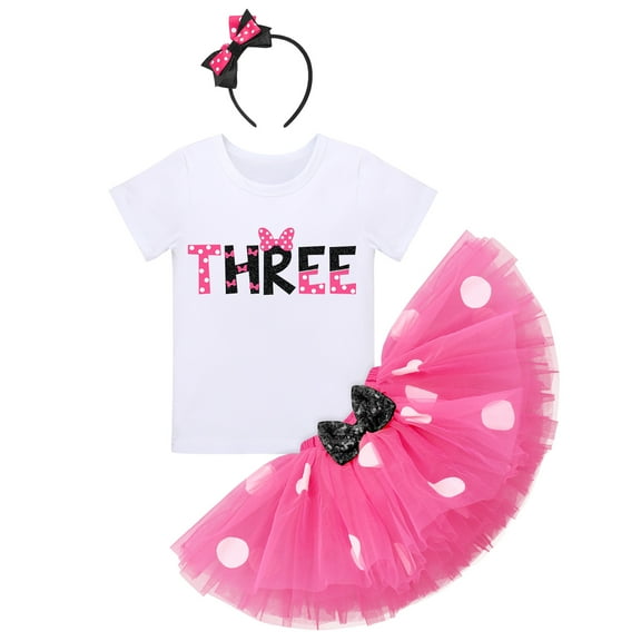 IBTOM CASTLE Toddler Baby Girls 1st 2nd 3rd Birthday Outfit Polka Dots Romper Tutu Skirt Mouse Ears Headband Cake Smash Clothes for Photo Props 3 Years Hot Pink   Black