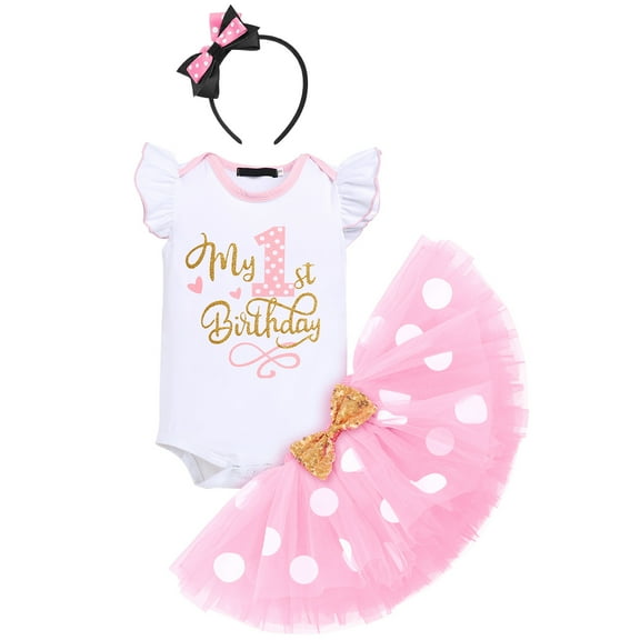 IBTOM CASTLE Toddler Baby Girls 1st 2nd 3rd Birthday Outfit Romper Top + Polka Dots Tutu Skirt + Headband Set for Cake Smash Photo Shoot 1 Year Pink-My Birthday