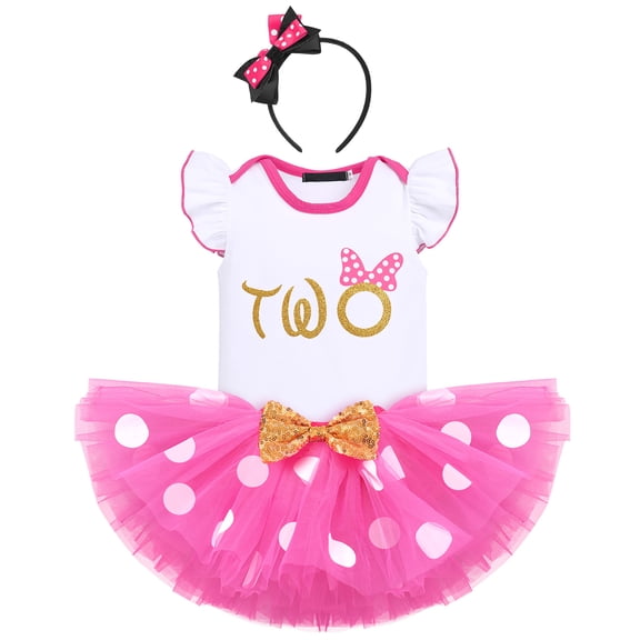 IBTOM CASTLE Toddler Baby Girls 1st 2nd 3rd Birthday Outfit Romper Top   Polka Dots Tutu Skirt   Headband Set for Cake Smash Photo Shoot 2 Years Hot Pink