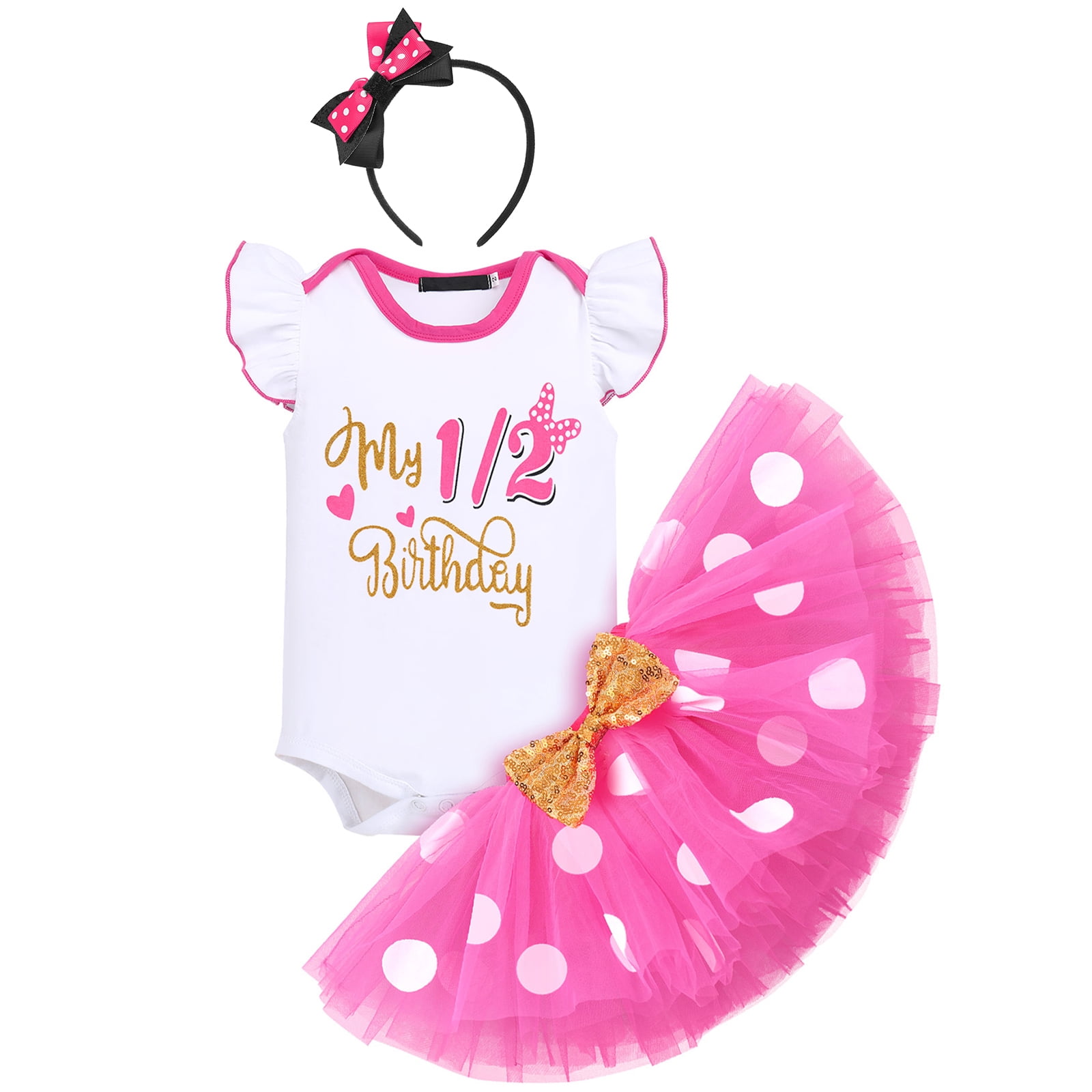 IBTOM CASTLE Toddler Baby Girls 1st 2nd 3rd Birthday Outfit Romper Top Polka Dots Tutu Skirt Headband Set for Cake Smash Photo Shoot 6 Months Hot Pink My Birthday Walmart