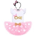 thumbnail image 1 of IBTOM CASTLE Toddler Baby Girls 1st 2nd 3rd Birthday Outfit Romper Top + Polka Dots Tutu Skirt + Headband Set for Cake Smash Photo Shoot 1 Year Pink, 1 of 8