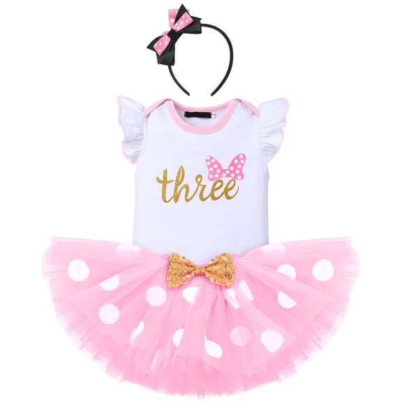 IBTOM CASTLE Toddler Baby Girls 1st 2nd 3rd Birthday Outfit Romper Top   Polka Dots Tutu Skirt   Headband Set for Cake Smash Photo Shoot 3 Years Pink