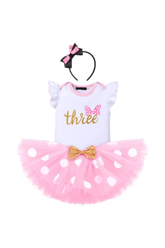 Toddler Baby Girls 1st 2nd 3rd Birthday Outfit Romper Top + Polka Dots Tutu Skirt + Headband Set for Cake Smash Photo Shoot 3 Years Pink