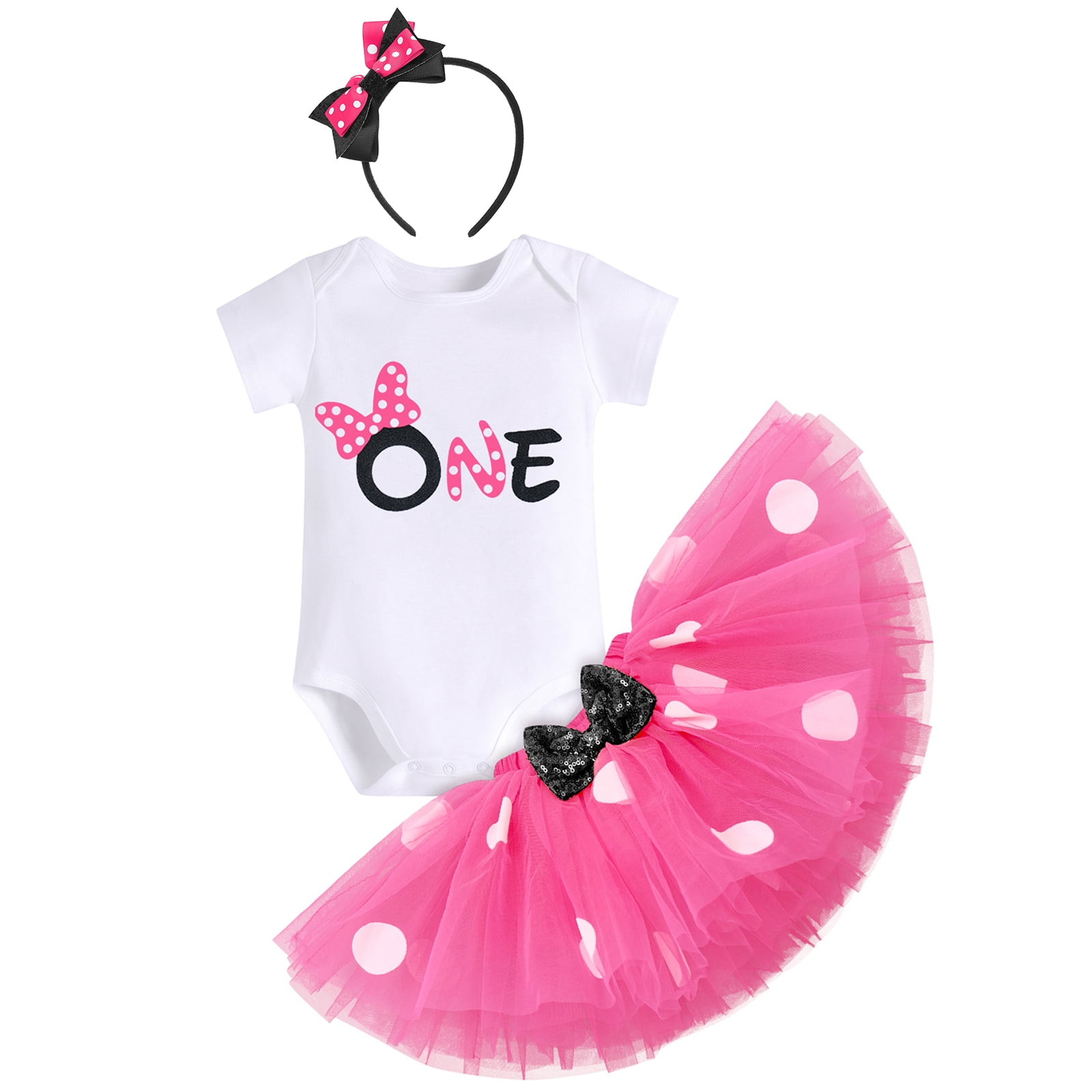 IBTOM CASTLE Toddler Baby Girls 1st 2nd Birthday Outfit Mini Polka Dots  Romper Tutu Dress Mouse Ears Headband Princess Skirt Set for Photo Shoot 1  Year Hot Pink + Black - Walmart.com
