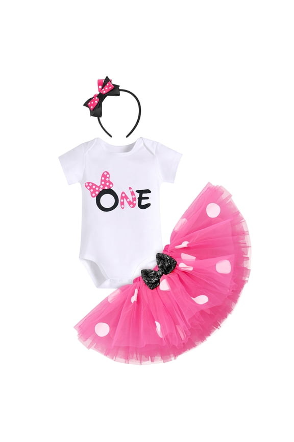 Toddler Baby Girls 1st 2nd Birthday Outfit Mini Polka Dots Romper Tutu Dress Mouse Ears Headband Princess Skirt Set for Photo Shoot 1 Year Hot Pink + Black