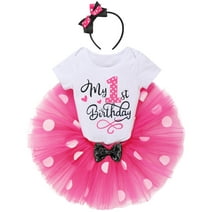 IBTOM CASTLE Toddler Baby Girls 1st 2nd Birthday Outfit Mini Polka Dots Romper Tutu Dress Mouse Ears Headband Princess Skirt Set for Photo Shoot 1 Year Hot Pink