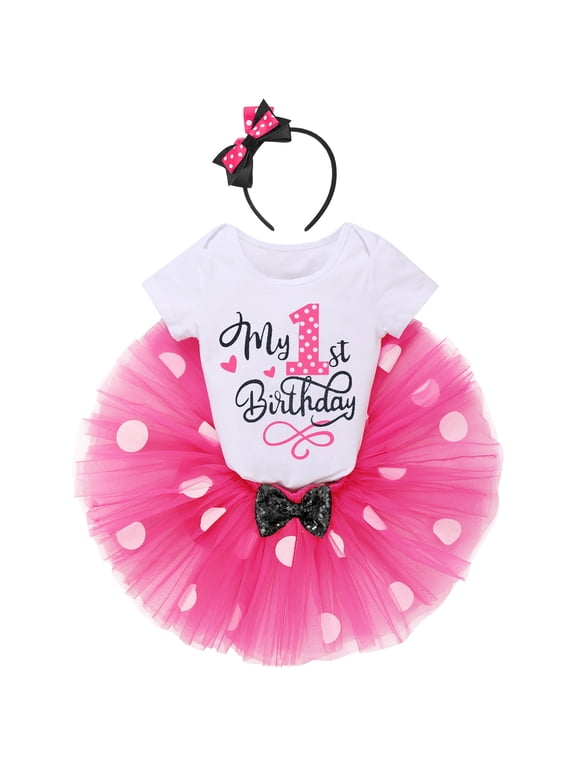 Toddler Baby Girls 1st 2nd Birthday Outfit Mini Polka Dots Romper Tutu Dress Mouse Ears Headband Princess Skirt Set for Photo Shoot 1 Year Hot Pink