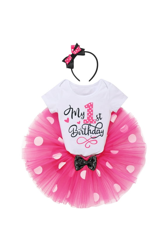 Toddler Baby Girls 1st 2nd Birthday Outfit Mini Polka Dots Romper Tutu Dress Mouse Ears Headband Princess Skirt Set for Photo Shoot 1 Year Hot Pink