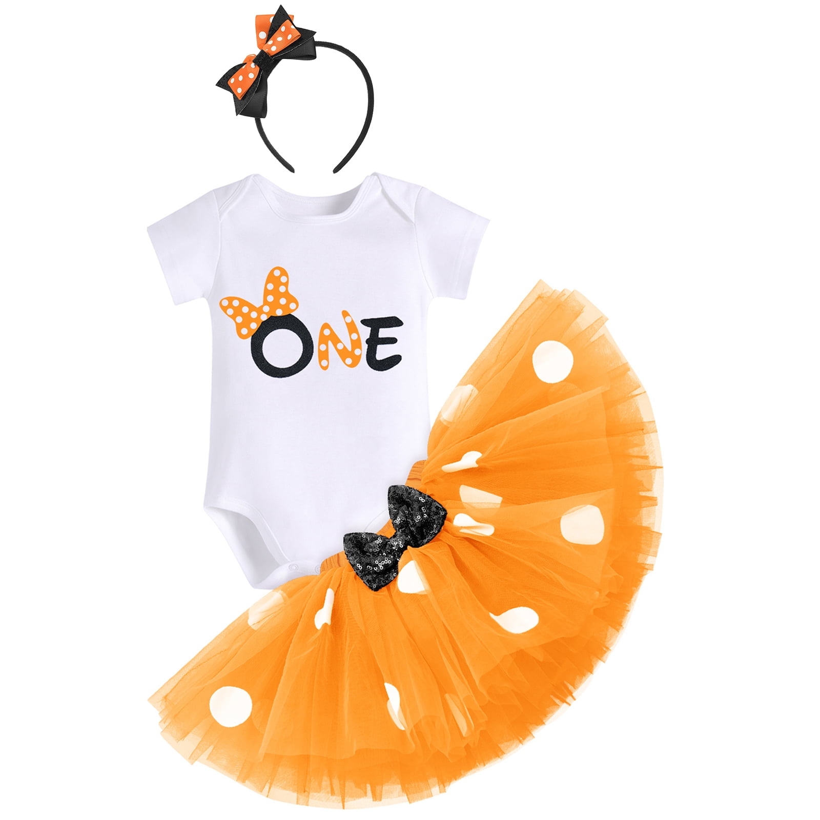 IBTOM CASTLE Toddler Baby Girls 1st 2nd Birthday Outfit Mini Polka Dots Romper Tutu Dress Mouse Ears Headband Princess Skirt Set for Photo Shoot 1 Year Orange + Black