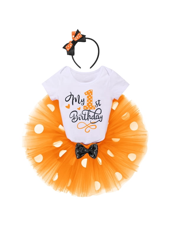 Toddler Baby Girls 1st 2nd Birthday Outfit Mini Polka Dots Romper Tutu Dress Mouse Ears Headband Princess Skirt Set for Photo Shoot 1 Year Orange
