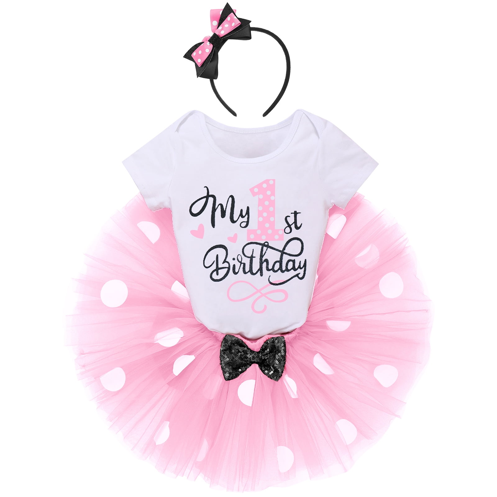 IBTOM CASTLE Toddler Baby Girls 1st 2nd Birthday Outfit Mini Polka Dots Romper Tutu Dress Mouse Ears Headband Princess Skirt Set for Photo Shoot 1 Year Pink