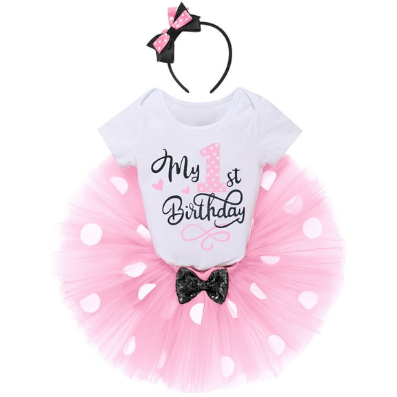 IBTOM CASTLE Toddler Baby Girls 1st 2nd Birthday Outfit Mini Polka Dots Romper Tutu Dress Mouse Ears Headband Princess Skirt Set for Photo Shoot 1 Year Pink