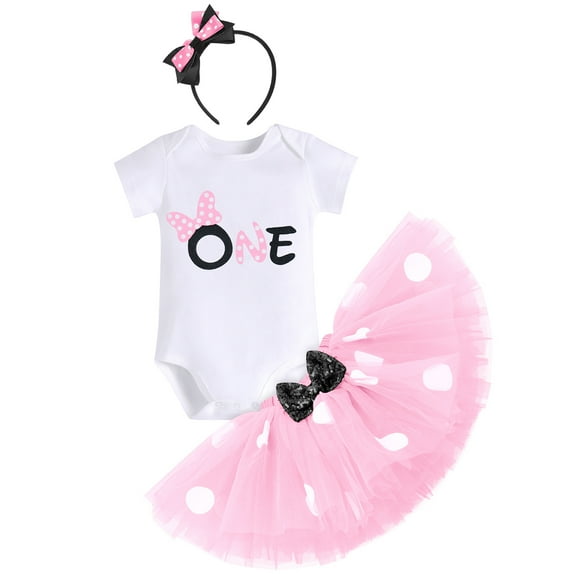 IBTOM CASTLE Toddler Baby Girls 1st 2nd Birthday Outfit Mini Polka Dots Romper Tutu Dress Mouse Ears Headband Princess Skirt Set for Photo Shoot 1 Year Pink   Black