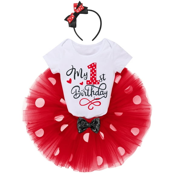IBTOM CASTLE Toddler Baby Girls 1st 2nd Birthday Outfit Mini Polka Dots Romper Tutu Dress Mouse Ears Headband Princess Skirt Set for Photo Shoot 1 Year Red