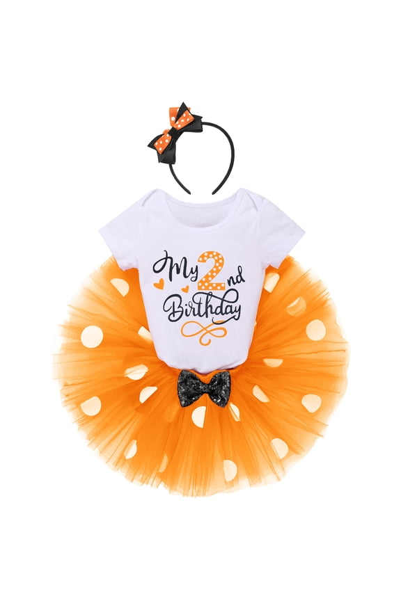 Toddler Baby Girls 1st 2nd Birthday Outfit Mini Polka Dots Romper Tutu Dress Mouse Ears Headband Princess Skirt Set for Photo Shoot 2 Years Orange