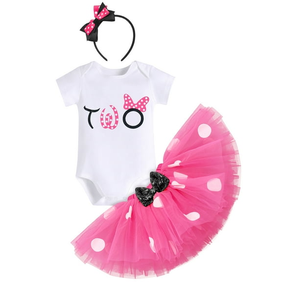 IBTOM CASTLE Toddler Baby Girls 1st 2nd Birthday Outfit Mini Polka Dots Romper Tutu Dress Mouse Ears Headband Princess Skirt Set for Photo Shoot 2 Years Hot Pink   Black