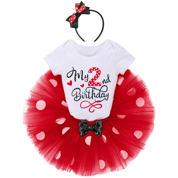 IBTOM CASTLE Toddler Baby Girls 1st 2nd Birthday Outfit Mini Polka Dots Romper Tutu Dress Mouse Ears Headband Princess Skirt Set for Photo Shoot 2 Years Red