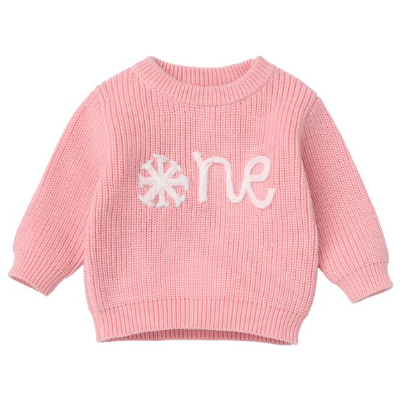 IBTOM CASTLE Toddler Baby Girls 1st Birthday Outfit Boho Embroidery One Sweater Top Knit Pullover Sweatshirt Fall Winter Clothes 1 Year Pink Snowflake