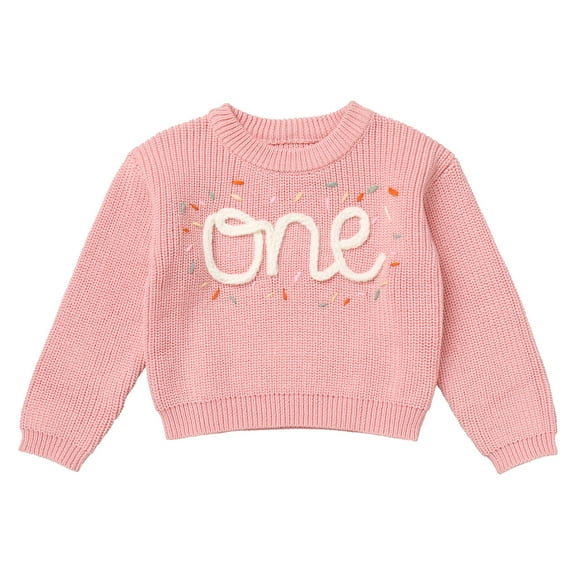IBTOM CASTLE Toddler Baby Girls 1st Birthday Outfit Boho Embroidery One Sweater Top Knit Pullover Sweatshirt Fall Winter Clothes 1 Year Pink