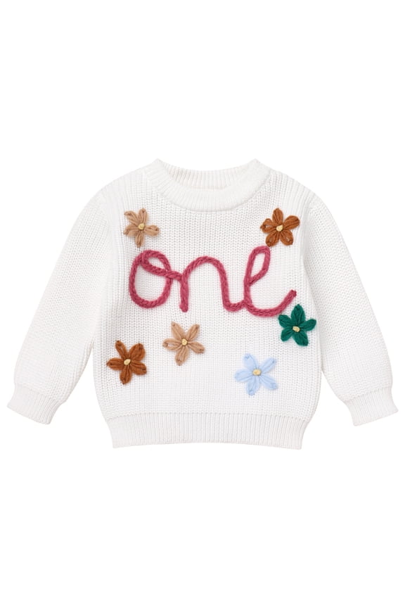 Toddler Baby Girls 1st Birthday Outfit Boho Embroidery One Sweater Top Knit Pullover Sweatshirt Fall Winter Clothes 1 Year White Flower