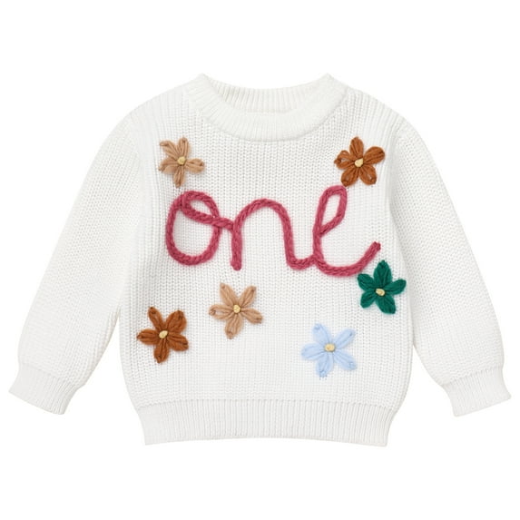 IBTOM CASTLE Toddler Baby Girls 1st Birthday Outfit Boho Embroidery One Sweater Top Knit Pullover Sweatshirt Fall Winter Clothes 1 Year White Flower
