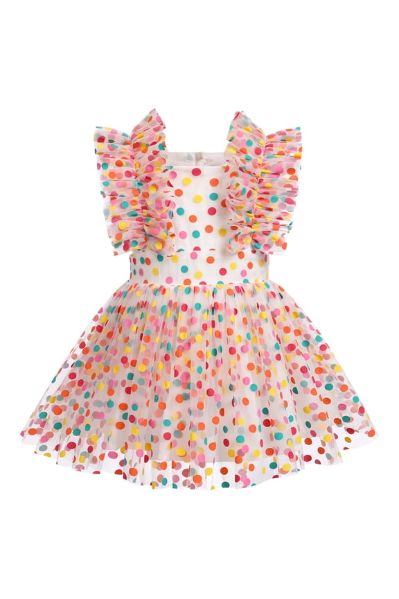 Toddler Baby Girls 1st Birthday Outfit Princes Dress with Diaper Cover Lace Ruffles Romper Tutu for Cake Smash Photo Shoot 12-18 Months Rainbow Dots