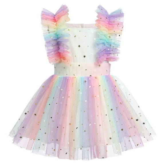 IBTOM CASTLE Toddler Baby Girls 1st Birthday Outfit Princes Dress with Diaper Cover Lace Ruffles Romper Tutu for Cake Smash Photo Shoot 12-18 Months Rainbow Stars