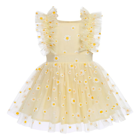 IBTOM CASTLE Toddler Baby Girls 1st Birthday Outfit Princes Dress with Diaper Cover Lace Ruffles Romper Tutu for Cake Smash Photo Shoot 12-18 Months Yellow Daisy