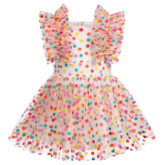 IBTOM CASTLE Toddler Baby Girls 1st Birthday Outfit Princes Dress with Diaper Cover Lace Ruffles Romper Tutu for Cake Smash Photo Shoot 6-12 Months Rainbow Dots