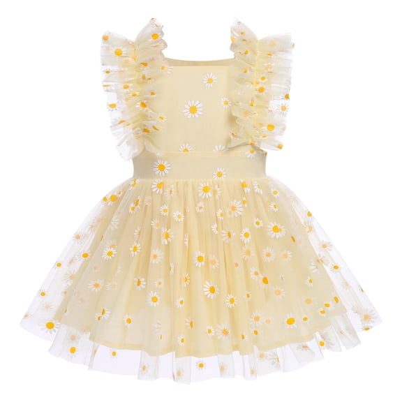 IBTOM CASTLE Toddler Baby Girls 1st Birthday Outfit Princes Dress with Diaper Cover Lace Ruffles Romper Tutu for Cake Smash Photo Shoot 6-12 Months Yellow Daisy