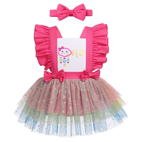 IBTOM CASTLE Toddler Baby Girls 1st Birthday Outfit Tulle Romper Princess Tutu Dress with Headband Cake Smash Photo Shoot Clothes Set 12-18 Months Hot Pink