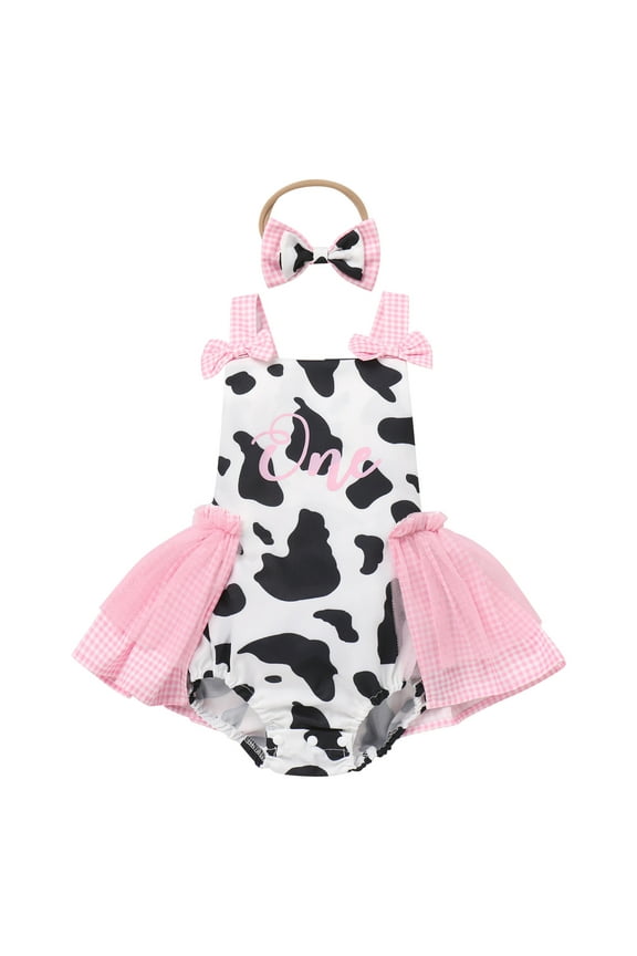 Toddler Baby Girls 1st Birthday Outfit Tulle Romper Princess Tutu Dress with Headband Cake Smash Photo Shoot Clothes Set 12-18 Months Pink Cows