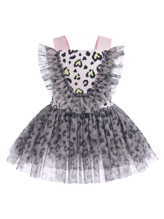 Toddler Baby Girls 1st Birthday Outfit Tulle Romper Princess Tutu Dress with Headband Cake Smash Photo Shoot Clothes Set 3-6 Months Brown Leopard