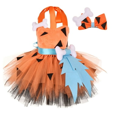 IBTOM CASTLE Toddler Baby Girls BamBam Caveman Clothes Halloween Cosplay Historical Stone Age Birthday Dress up Photo Shoot 3-4 Years Orange