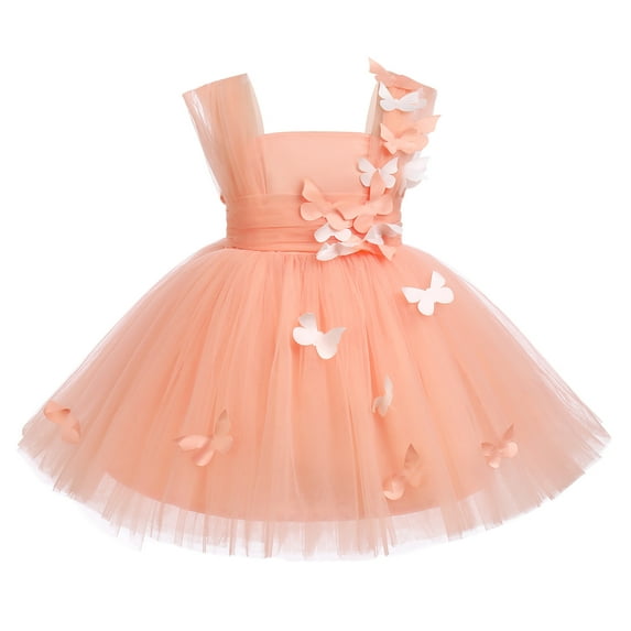 IBTOM CASTLE Toddler Baby Girls Birthday Party Dress Butterfly Embroidery Princess Tulle Tutu Wedding Pageant Evening Prom Ball Gown 2-3 Years Peach Butterfly