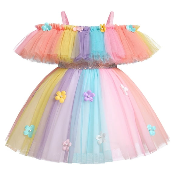 IBTOM CASTLE Toddler Baby Girls Birthday Party Dress Butterfly Embroidery Princess Tulle Tutu Wedding Pageant Evening Prom Ball Gown 2-3 Years Rainbow Flower