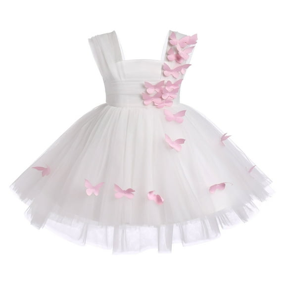 IBTOM CASTLE Toddler Baby Girls Birthday Party Dress Butterfly Embroidery Princess Tulle Tutu Wedding Pageant Evening Prom Ball Gown 5-6 Years White Butterfly