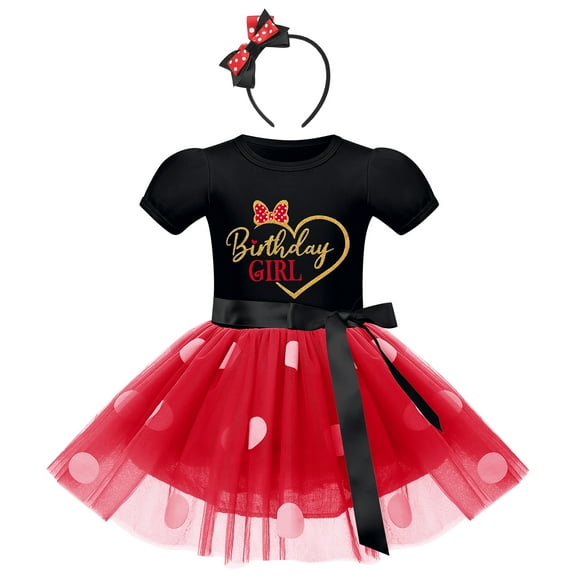 IBTOM CASTLE Toddler Baby Girls Birthday Princess Outfits Polka Dots Tutu Mouse Dress Fancy Dance Costume Halloween Cosplay Party Dress up with Ears Headband 18-24 Months Black Red-Heart