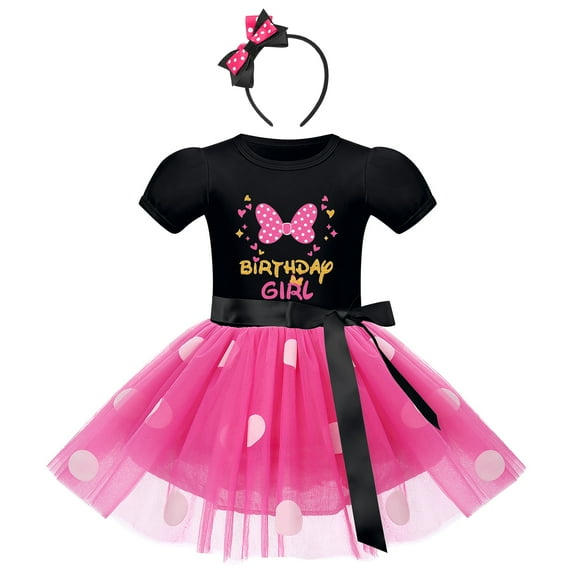 IBTOM CASTLE Toddler Baby Girls Birthday Princess Outfits Polka Dots Tutu Mouse Dress Fancy Dance Costume Halloween Cosplay Party Dress up with Ears Headband 18-24 Months Black+Hot Pink-Bowknot