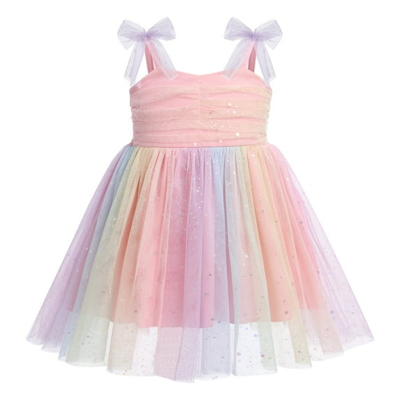 IBTOM CASTLE Toddler Baby Girls Boho Rainbow Tutu Floral Sequin Sleeveless Backless Ruffle Tulle Dress Princess Birthday Party Sundress 12-18 Months Rainbow Sequin Dots