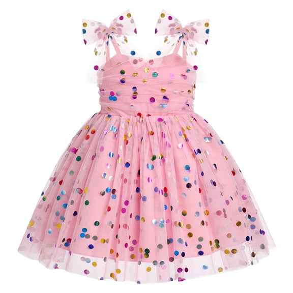 IBTOM CASTLE Toddler Baby Girls Boho Rainbow Tutu Floral Sequin Sleeveless Backless Ruffle Tulle Dress Princess Birthday Party Sundress 12-18 Months Pink Colorful Dots